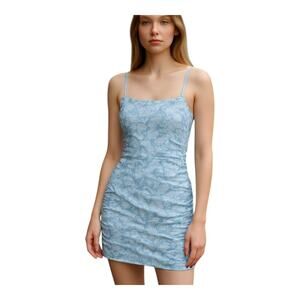 THML Thin Strap Textured Blue Floral Mini‎ Bodycon Dress Women's Size Large NWT